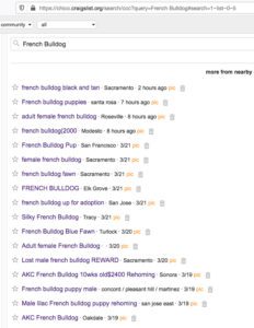 A screenshot of a Craigslist page, with dozens of ads for French Bulldogs for sale